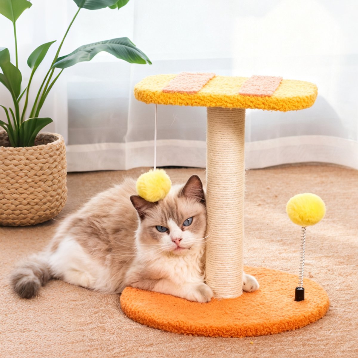 DOPZER 13-in Plush Cat Scratching Post with Top Platform & Hanging Ball Toy, Orange/Yellow