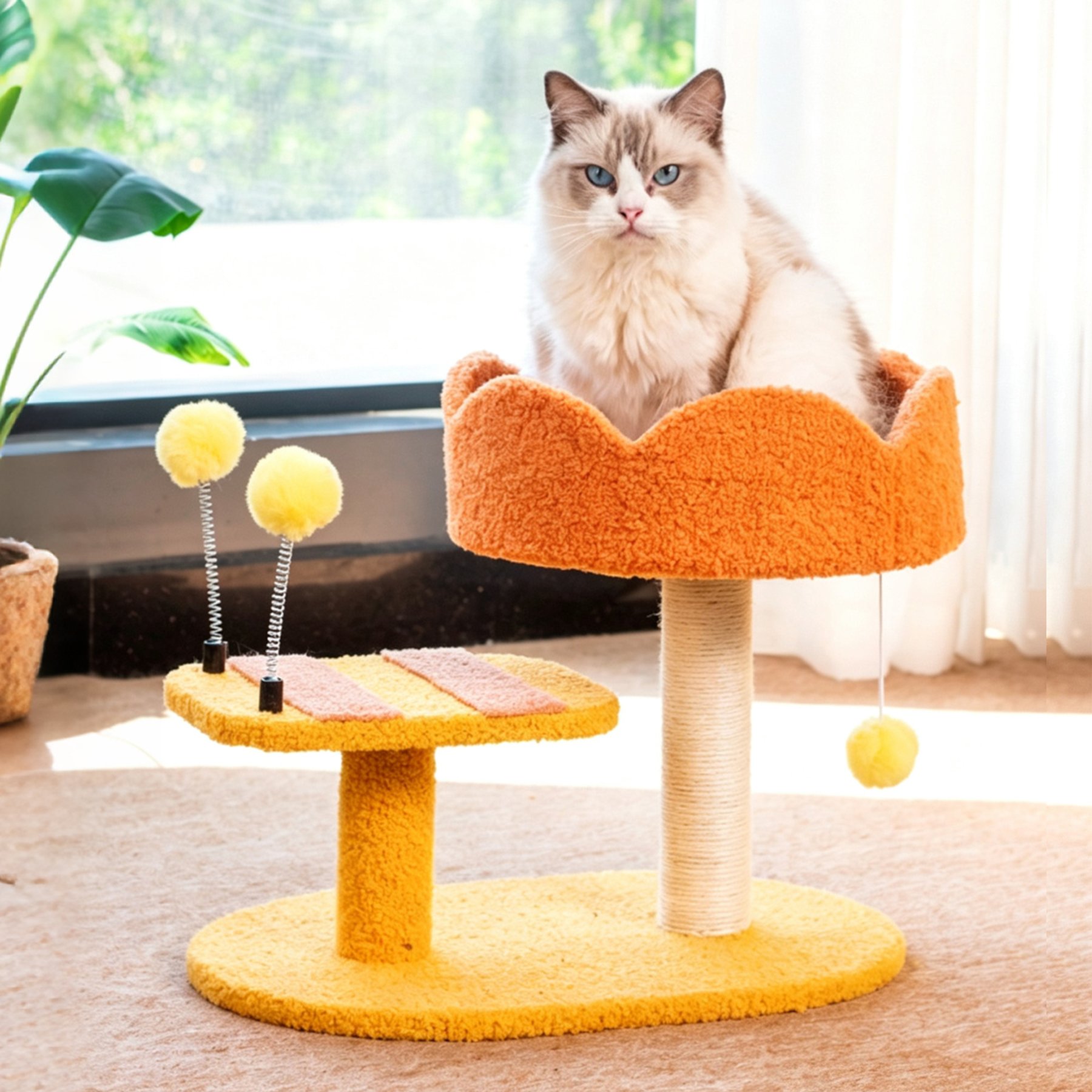 DOPZER 14.6-in Plush Interactive Cat Scratching Post with Cozy Perch Bed & Spring Ball Toy, Orange/Yellow