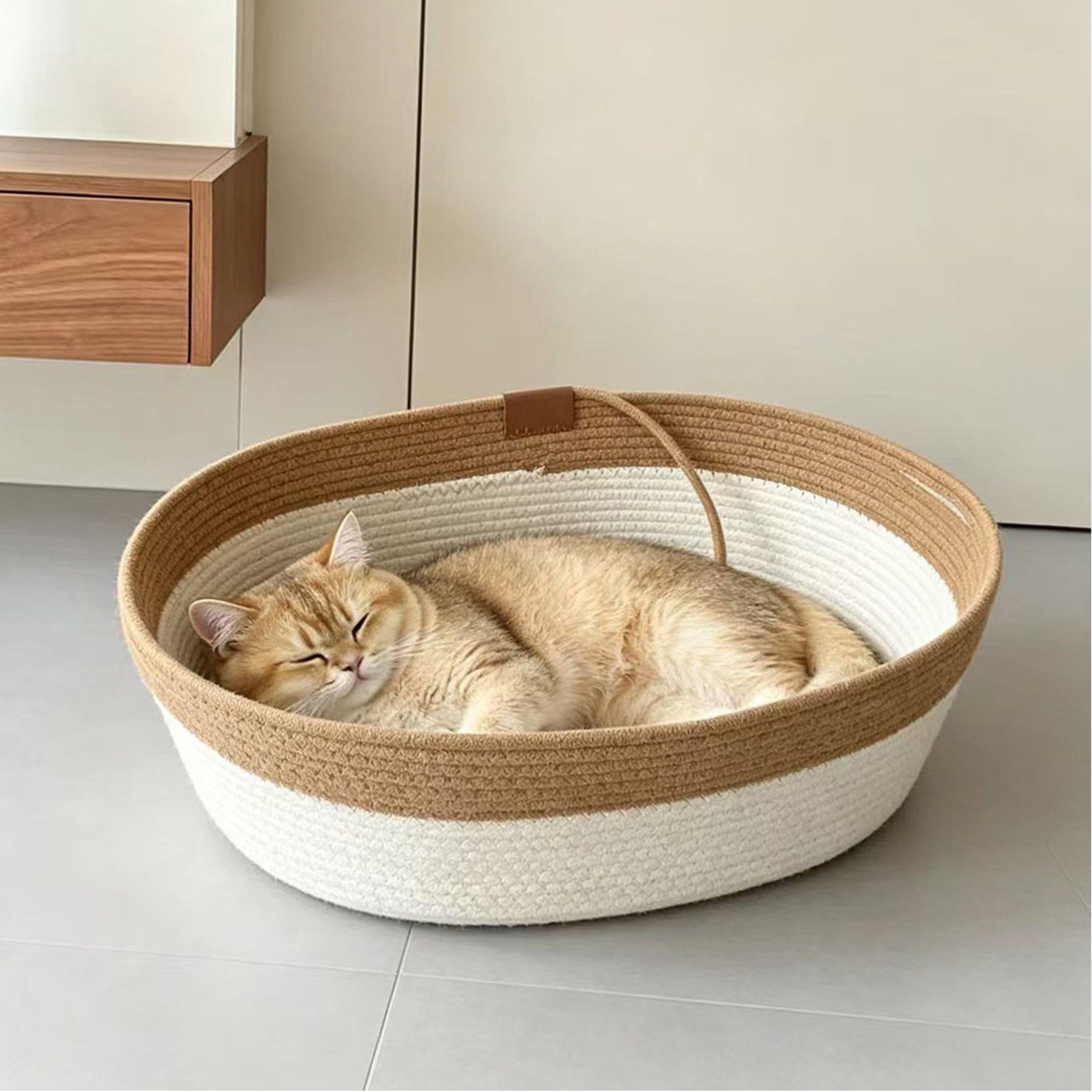 DOPZER 2-in-1 Scratcher Lounge Basket Woven Cotton Linen Cat Bed with Hanging Ball Toy, Khaki, Medium