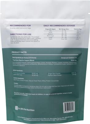 Show full view: Dr. Bill's Pet Nutrition Canine Digestive Support Probiotics & Digestive Enzymes Dog Supplement Powder, 180-gm pouch slide 9 of 11