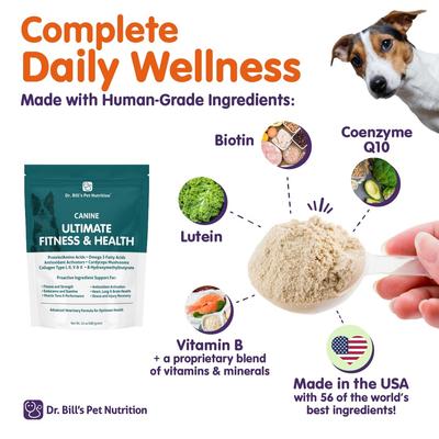 Show full view: Dr. Bill's Pet Nutrition Canine Ultimate Fitness & Health Dog Supplement Powder, 340-gm pouch slide 5 of 11