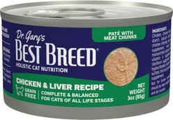 Dr. Gary's Best Breed Chicken & Liver Grain-Free Pate Wet Cat Food, 3-oz can, case of 24