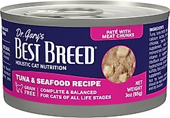 Dr. Gary's Best Breed Tuna & Seafood Grain-Free Pate Wet Cat Food, 3-oz can, case of 24