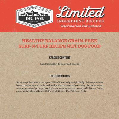 Show full view: Dr. Pol Adult Limited Ingredient Surf-N-Turf Pate Canned Wet Dog Food, 12.5-oz can, case of 12 slide 5 of 11