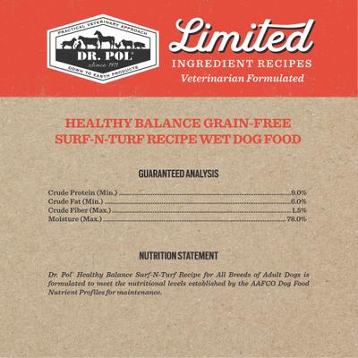 Show full view: Dr. Pol Adult Limited Ingredient Surf-N-Turf Pate Canned Wet Dog Food, 12.5-oz can, case of 12 slide 4 of 11