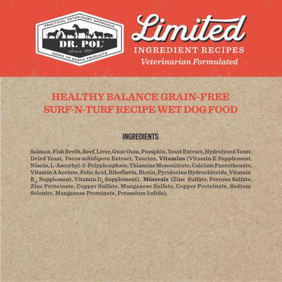 Show full view: Dr. Pol Adult Limited Ingredient Surf-N-Turf Pate Canned Wet Dog Food, 12.5-oz can, case of 12 slide 3 of 11