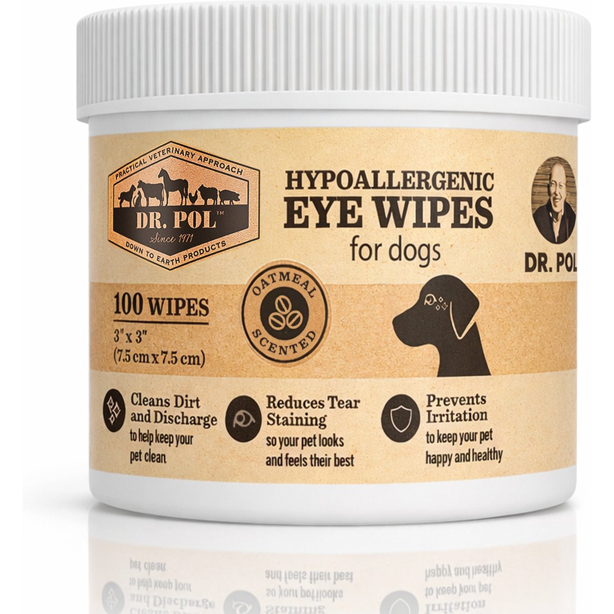 Dr. Pol Hypoallergenic Oatmeal Scented Dog & Cat Tear Stain Remover Grooming Wipes, 100 count