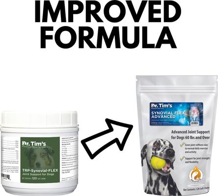 Show full view: Dr. Tim's Synovial Flex Advanced Regular Chicken Flavor Joint Mobility Dog Supplement, 120 count slide 3 of 6