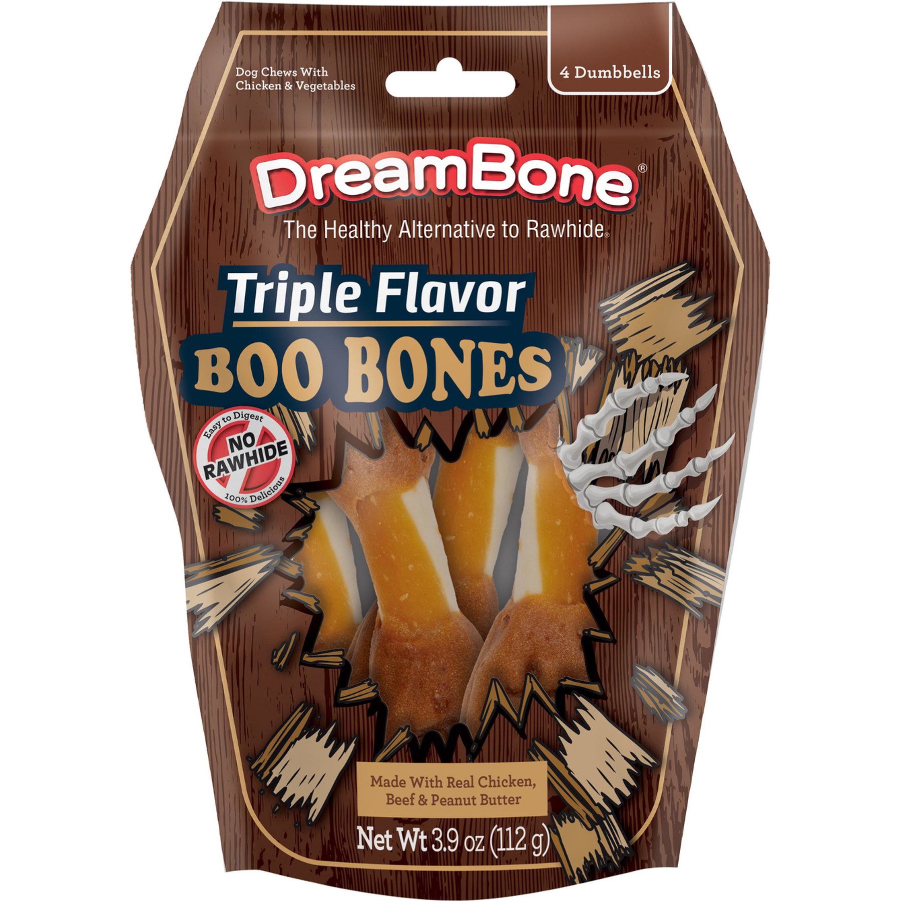 DreamBone Boo Bones Real Chicken, Beef & Peanut Butter Flavored Hard Dog Chew Treats, 3.9-oz bag, 4 count