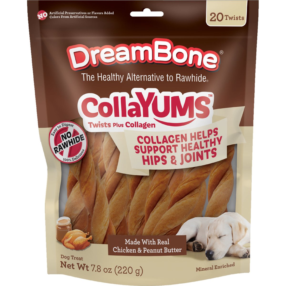 DreamBone CollaYUMS Twists Plus Collagen Chicken & Peanut Butter Flavor Rawhide Free Dog Chews, 20 count