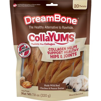 DreamBone DreamBone CollaYUMS Twists Plus Collagen Chicken & Peanut Butter Flavor Rawhide Free Dog Chews, 20 count