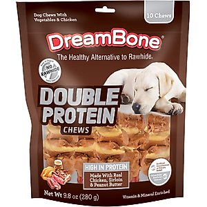 DreamBone Double Protein Chews Real Chicken, Sirloin & Peanut Butter Rawhide Free Dog Chews, 10 count