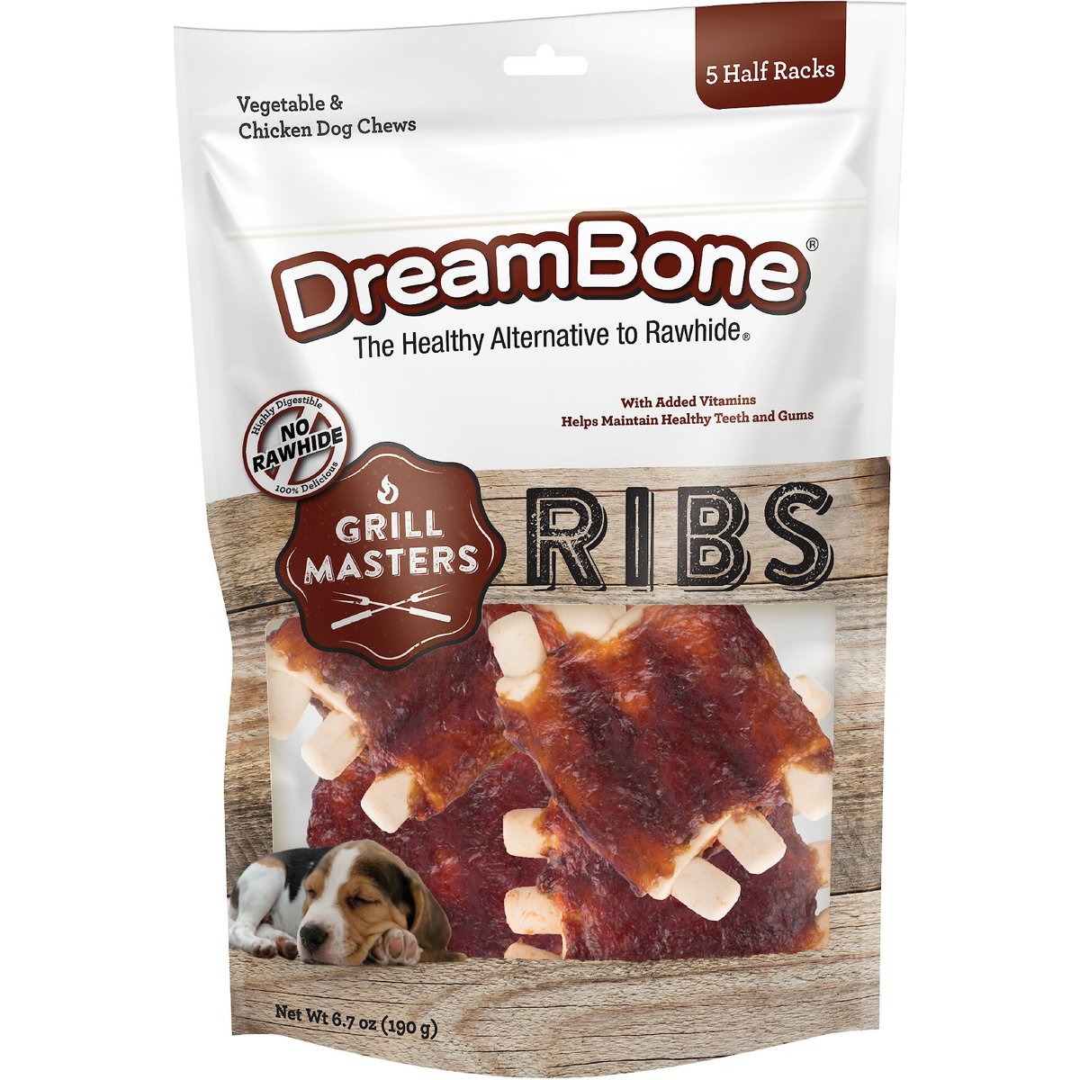 DreamBone Grill Masters Half Rack Ribs BBQ Flavor Rawhide Free Dog Chews, 5 count