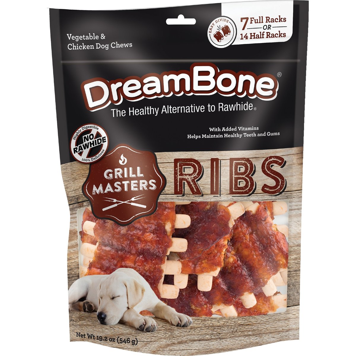 DreamBone Grill Masters Full Rack Ribs BBQ Flavor Rawhide Free Dog Chews, 7 count