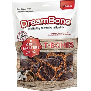 DreamBone Grill Masters T-Bones BBQ Flavor Rawhide Free Dog Chews, 8 count