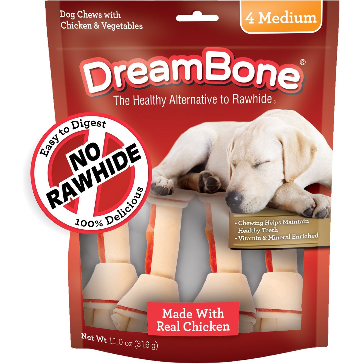 DreamBone Real Chicken Rawhide Free Dog Chew Bones, Medium, 4 count