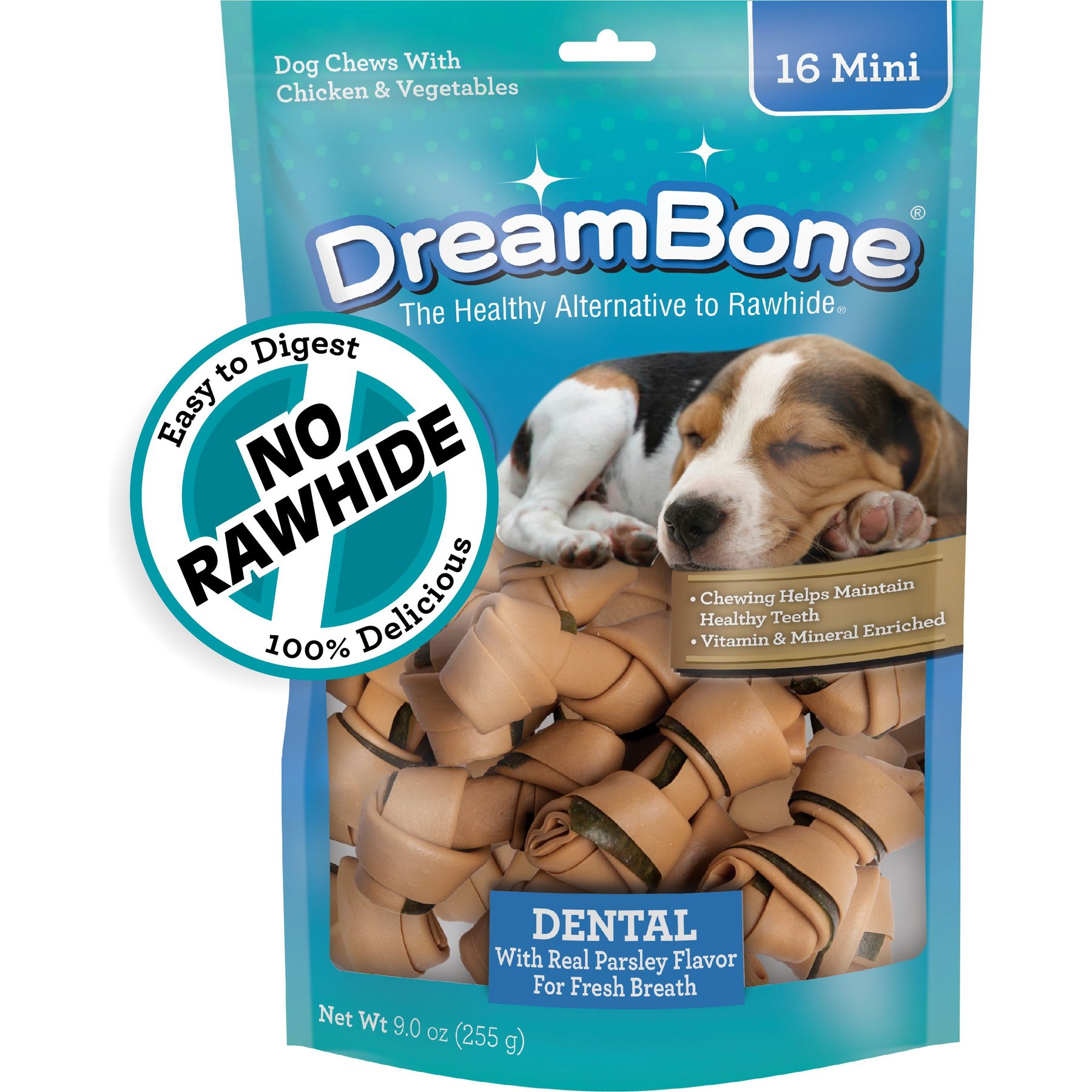 DreamBone Dental Real Chicken & Parsley for Fresh Breath Rawhide Free Dog Chew Bones, Mini, 16 count