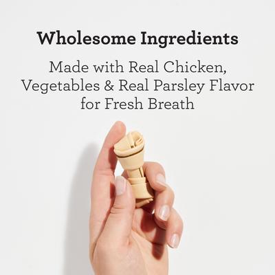 Show full view: DreamBone Dental Real Chicken & Parsley for Fresh Breath Rawhide Free Dog Chew Bones, Mini, 24 count slide 4 of 13