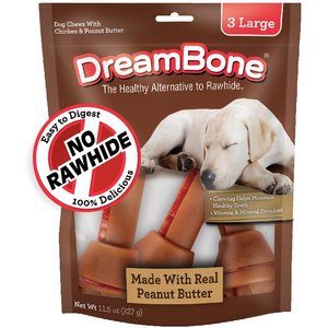 DreamBone Real Peanut Butter Rawhide Free Dog Chew Bones, Large, 3 count