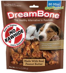 DreamBone Peanut Butter Flavored Rawhide-Free Mini Hard Chew Dog Treats, 80 count