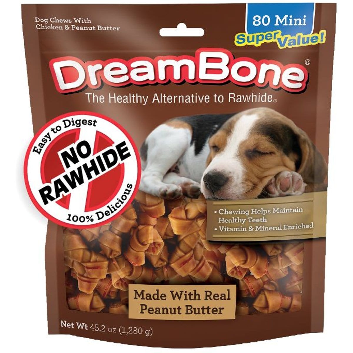 DreamBone Mini Real Peanut Butter Rawhide Free Dog Chew Bones, 80 count