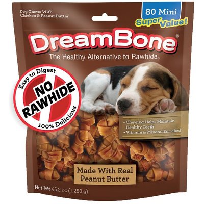 DreamBone DreamBone Mini Real Peanut Butter Rawhide Free Dog Chew Bones, 80 count