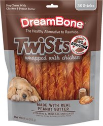 DreamBone Peanut Butter Twists Wrapped with Chicken Rawhide-Free Hard Chew Dog Treats, 36 count
