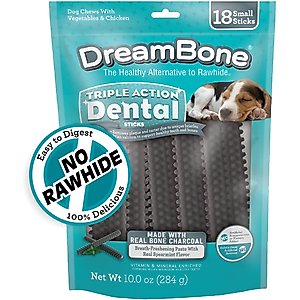 DreamBone Triple Action Dental Sticks with Charcoal Spearmint Flavor Rawhide Free Dog Chews, Small, 18 count