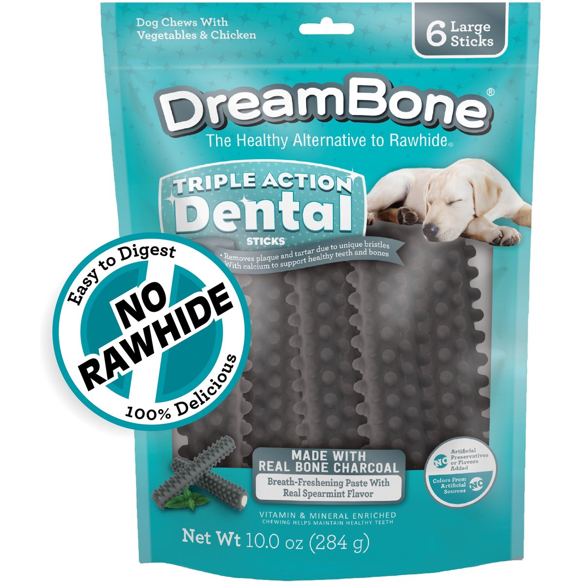 DreamBone Triple Action Dental Sticks with Charcoal Spearmint Flavor Rawhide Free Dog Chews, Large, 6 count