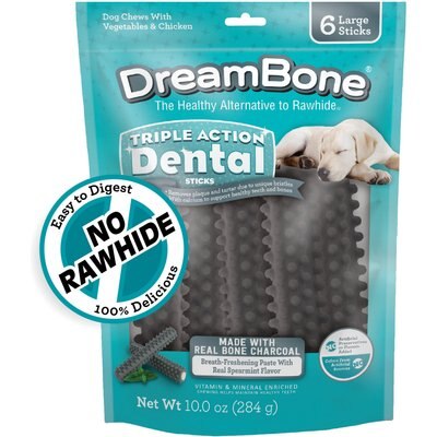 DreamBone DreamBone Triple Action Dental Sticks with Charcoal Spearmint Flavor Rawhide Free Dog Chews, Large, 6 count