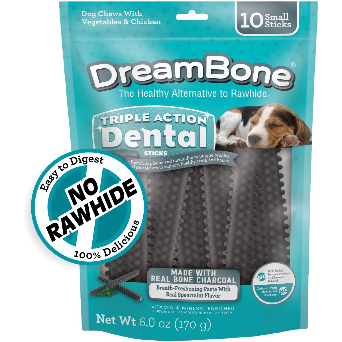 DreamBone Triple Action Dental Sticks with Charcoal Spearmint Flavor Rawhide Free Dog Chews, Small, 10 count