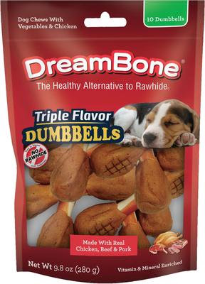 Show full view: DreamBone Triple Flavor Dumbbells Real Chicken, Beef & Pork Rawhide Free Dog Chews, 10 count slide 1 of 11
