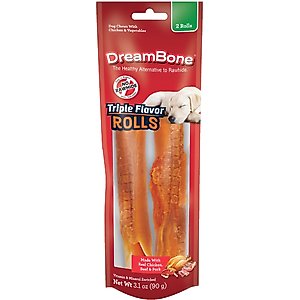 DreamBone Triple Flavor Real Chicken, Beef & Pork Rawhide-Free Dog Chews, 3.1-oz bag, 2 count