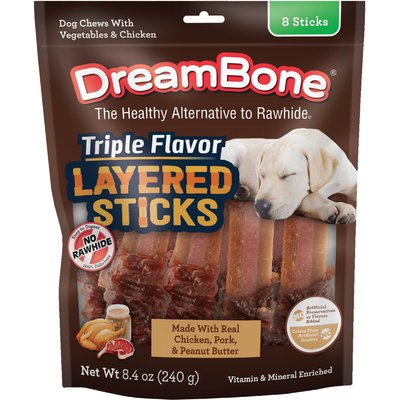 DreamBone DreamBone Triple Flavor Layered Sticks Real Chicken, Pork & Peanut Butter Rawhide Free Dog Chews, 8 count
