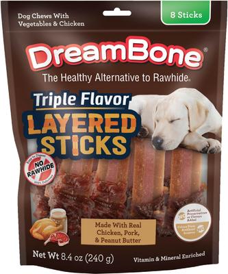 Show full view: DreamBone Triple Flavor Layered Sticks Real Chicken, Pork & Peanut Butter Rawhide Free Dog Chews, 8 count slide 1 of 11