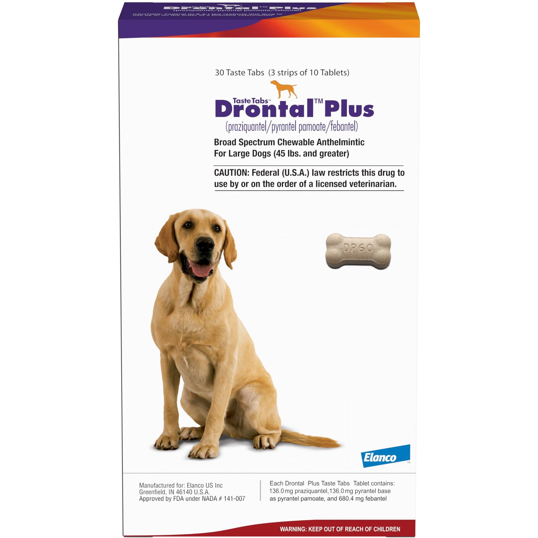 Drontal Plus Chewable Tablets for Dogs, over 45 lbs, 1 tablet, 136 mg Praziquantel, 136 mg Pyrantel base as Pyrantel Pamoate and 680.4 mg Febantel