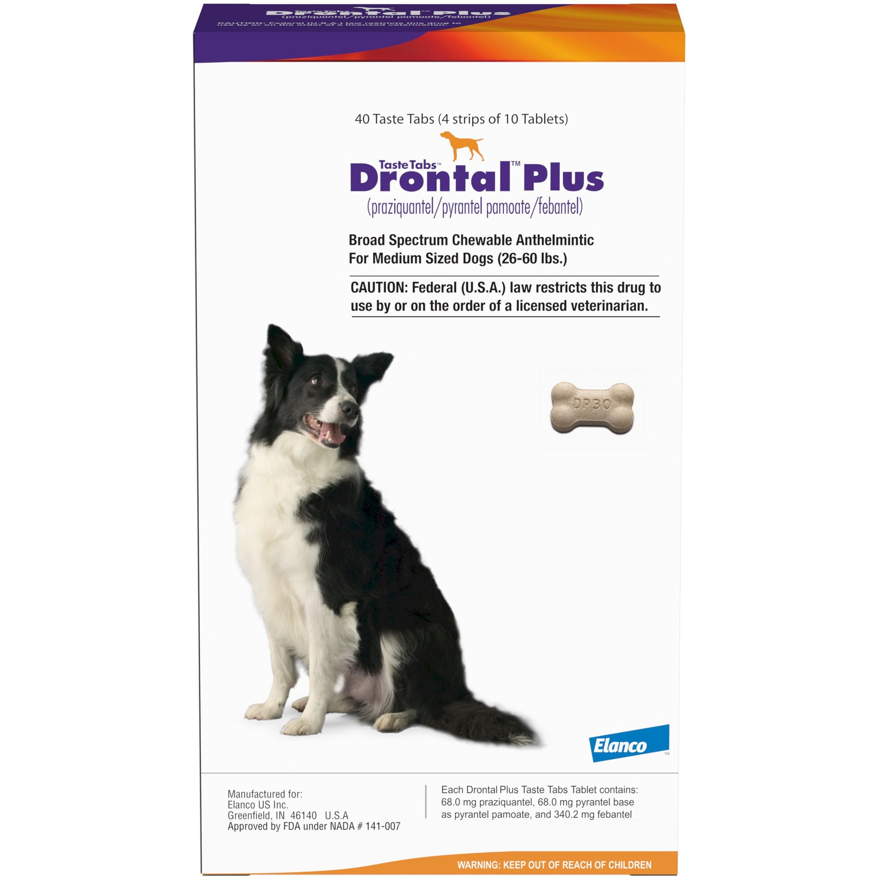 Drontal Plus Chewable Tablets for Dogs, 26-60 lbs, 1 tablet, 68 mg Praziquantel, 68 mg Pyrantel base as Pyrantel Pamoate and 340.2 mg Febantel