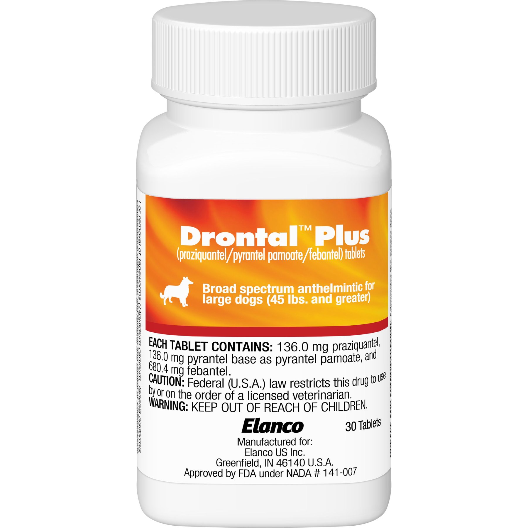 Drontal Plus Tablets for Dogs, over 45 lbs, 1 tablet, 136 mg Praziquantel, 136 mg Pyrantel base as Pyrantel Pamoate and 680.4 mg Febantel