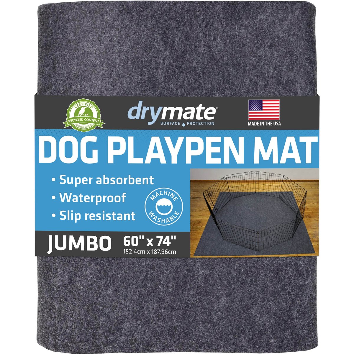 Drymate Dog Playpen Mat, Washable Puppy Training Pee Pad, Charcoal, 60-in x 74-in