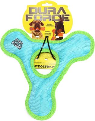 Show full view: DuraForce Triangle Ring Tiger Squeaky Plush Dog Toy, Blue/Green slide 4 of 4