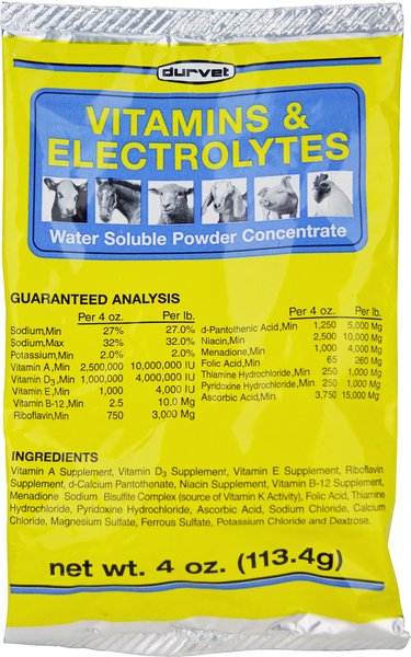 Show full view: Durvet Vitamins & Electrolytes Powder Farm Animal & Horse Supplement, 4-oz bag slide 1 of 3