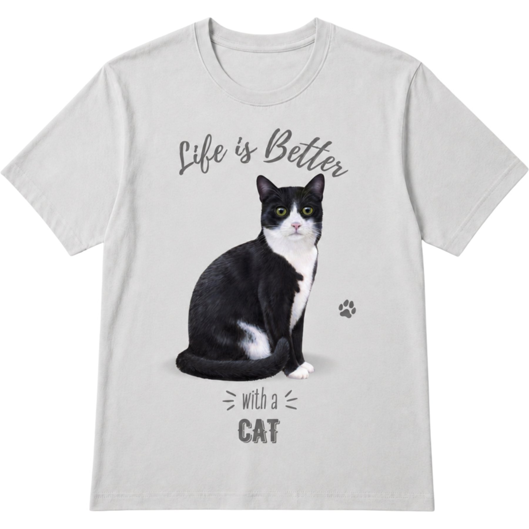 E&S PETS Black & White Cat T-Shirt, Grey, Large