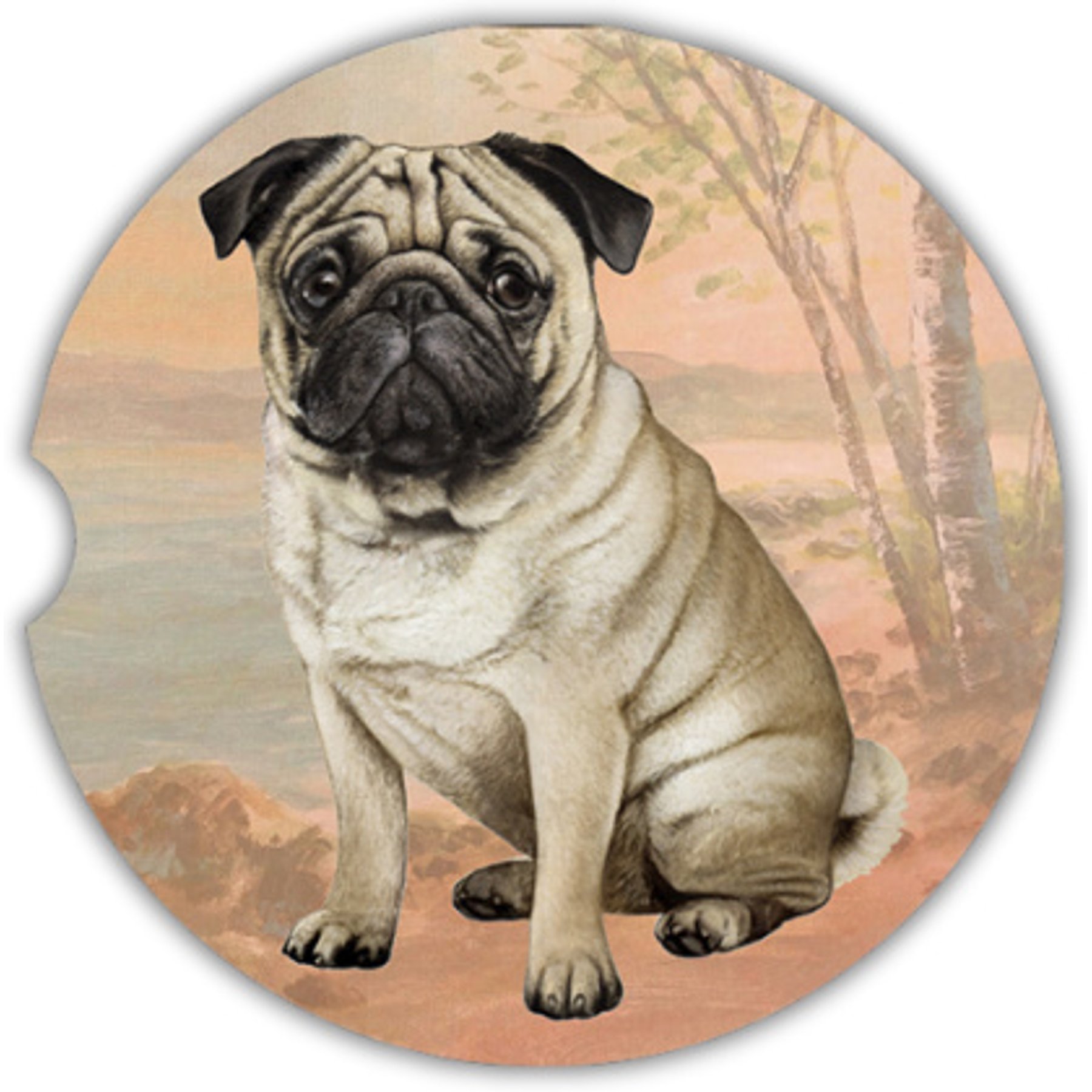 E&S PETS Pug Sitting Sandstone Car Coasters, Tan, 2 count