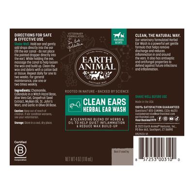 Show full view: Earth Animal Apothecary Clean Ears Natural Grooming Herbal Ear Wash Cleanser for Dogs & Cats, 4-fl oz bottle slide 2 of 8