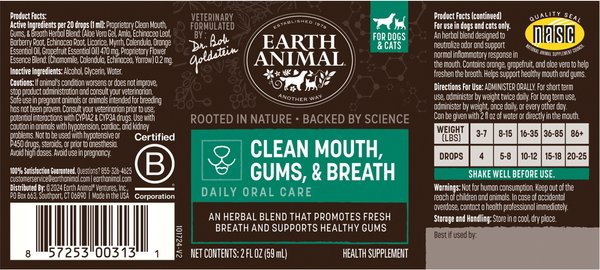 Show full view: Earth Animal Apothecary Clean Mouth, Gums & Breath Herbal Liquid Dental Supplement for Dogs & Cats, 2-fl oz bottle slide 2 of 10