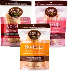 Earth Animal No-Hide Medium Rolls Long Lasting Natural Rawhide Alternative Chicken Recipe, 2 count + Beef Recipe, 2 count + Salmon Recipe Chew Dog Treats, 2 count