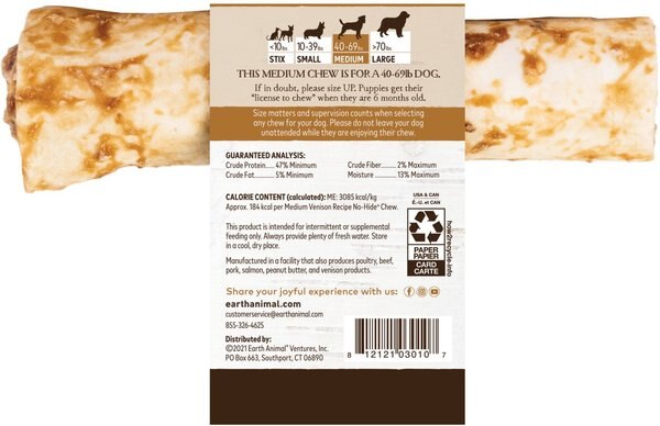 Earth Animal No-Hide Medium Rolls Long Lasting Natural Rawhide Alternative Venison Recipe Chew Dog Treats