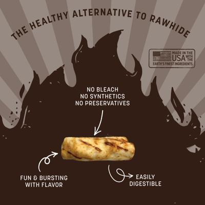 Show full view: Earth Animal No-Hide Small Roll Long Lasting Natural Rawhide Alternative Barbeque Bacon Cheeseburger Recipe Dog Chew Treat slide 4 of 10