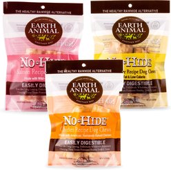 Earth Animal No-Hide Small Rolls Long Lasting Natural Rawhide Alternative Chicken Recipe, 2 count + Salmon Recipe, 2 count + Peanut Butter Vegetarian Recipe Chew Dog Treats, 2 count