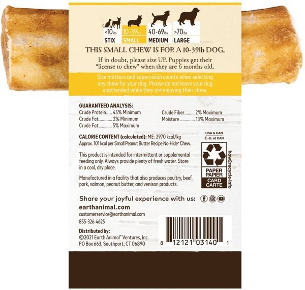 Earth Animal No-Hide Small Rolls Long Lasting Natural Rawhide Alternative Peanut Butter Vegetarian Recipe Chew Dog Treats